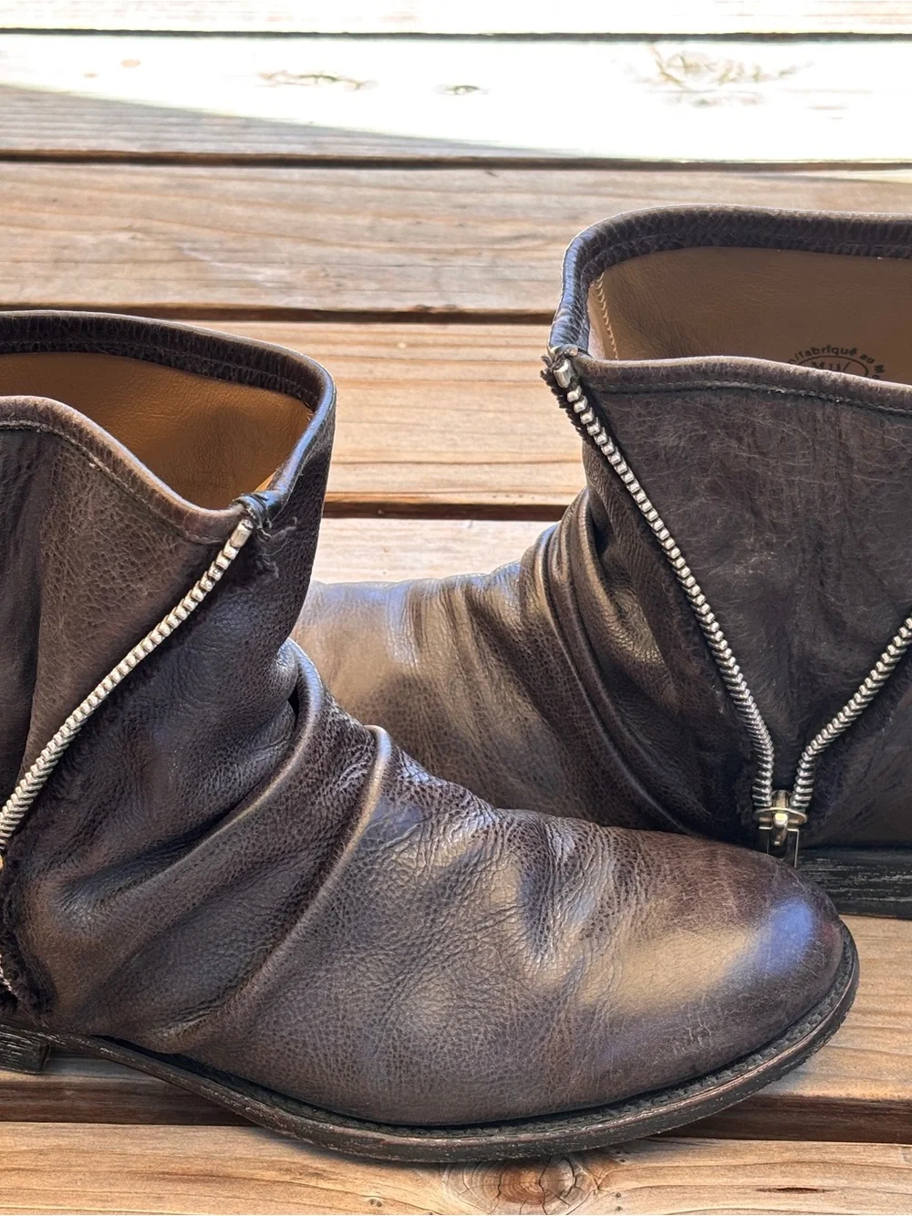 John Fluevog Brown/Gray Leather Ankle Boots with Side Zippers